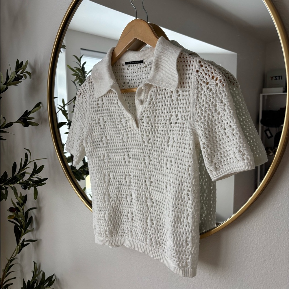 Tahari Cream Crochet Polo Shirt